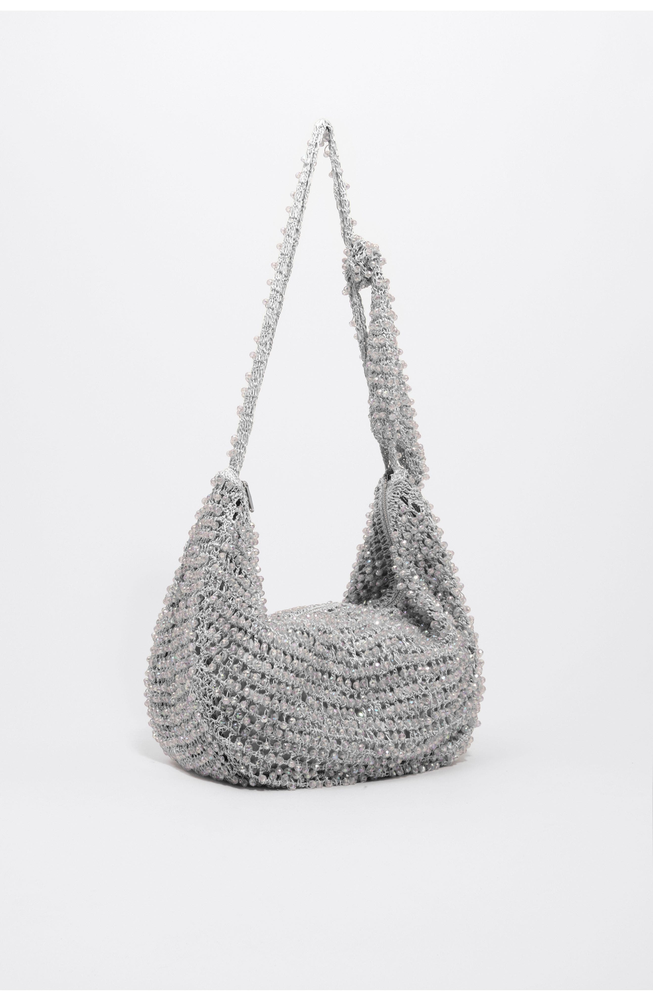 Medium Crochet Beaded Shoulder Bag, Alternate, color, SILVER