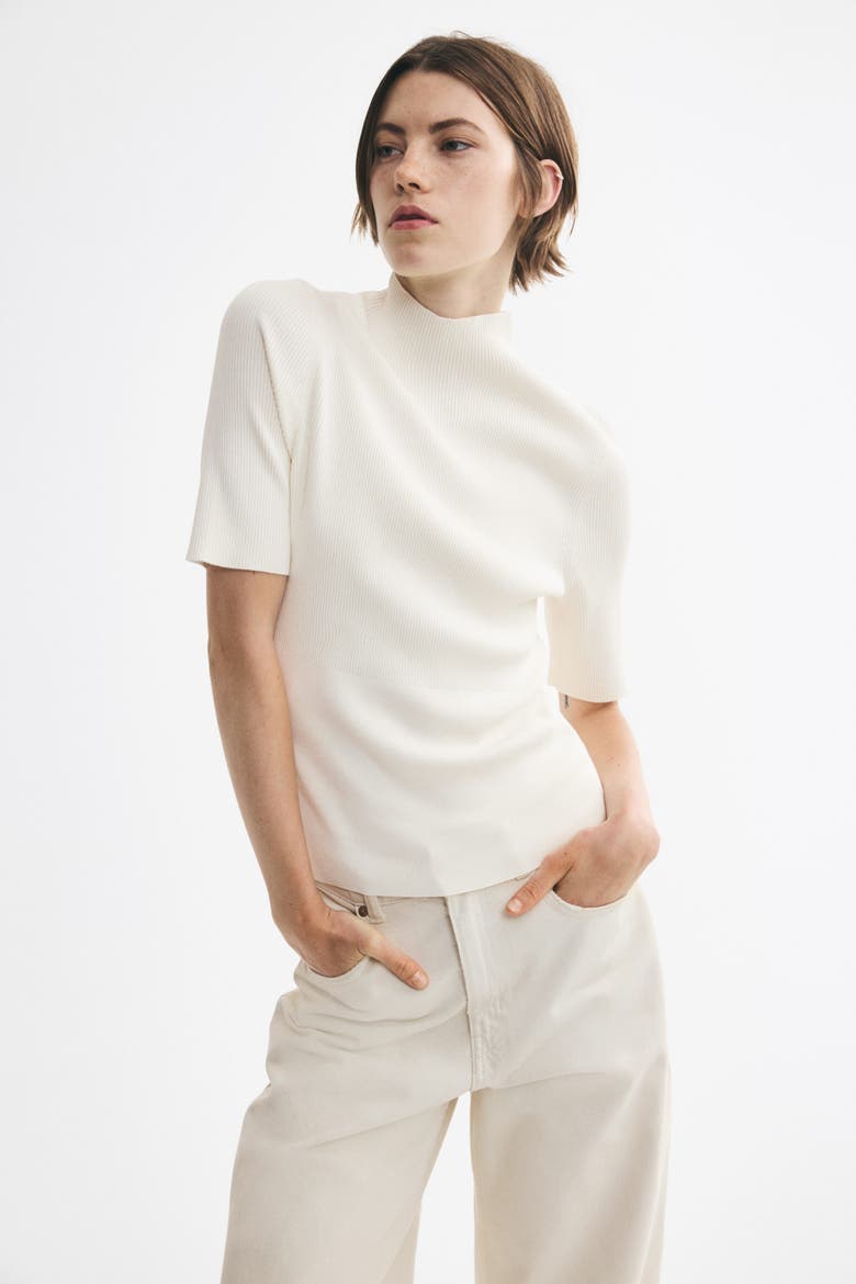 Lyocell-blend Rib-knit Mock Turtleneck Top, Alternate, color, Cream