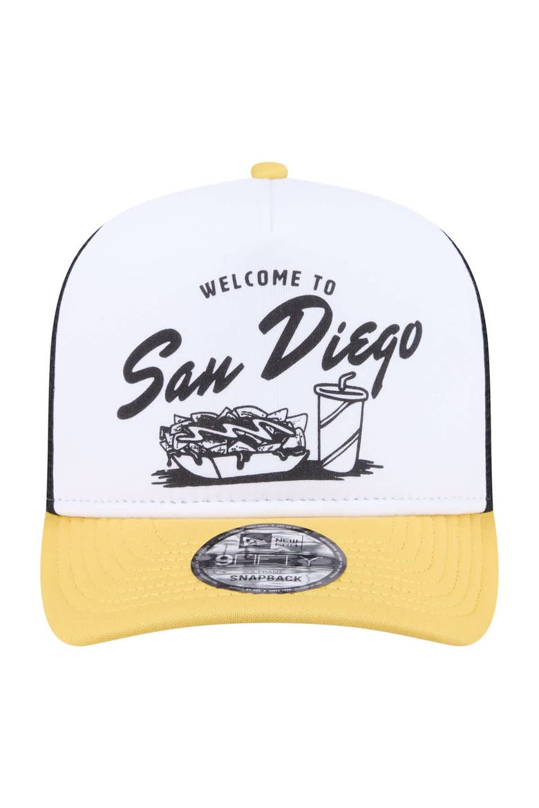 Men's New Era  White/Gold San Diego Padres Foodie A-Frame 9FIFTY Trucker Snapback Hat, Alternate, color, White