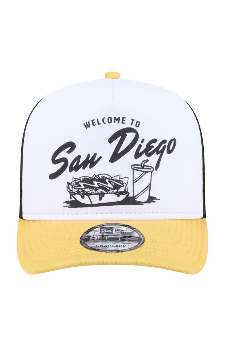 New Era Men's New Era  White/Gold San Diego Padres Foodie A-Frame 9FIFTY Trucker Snapback Hat, Alternate, color, White