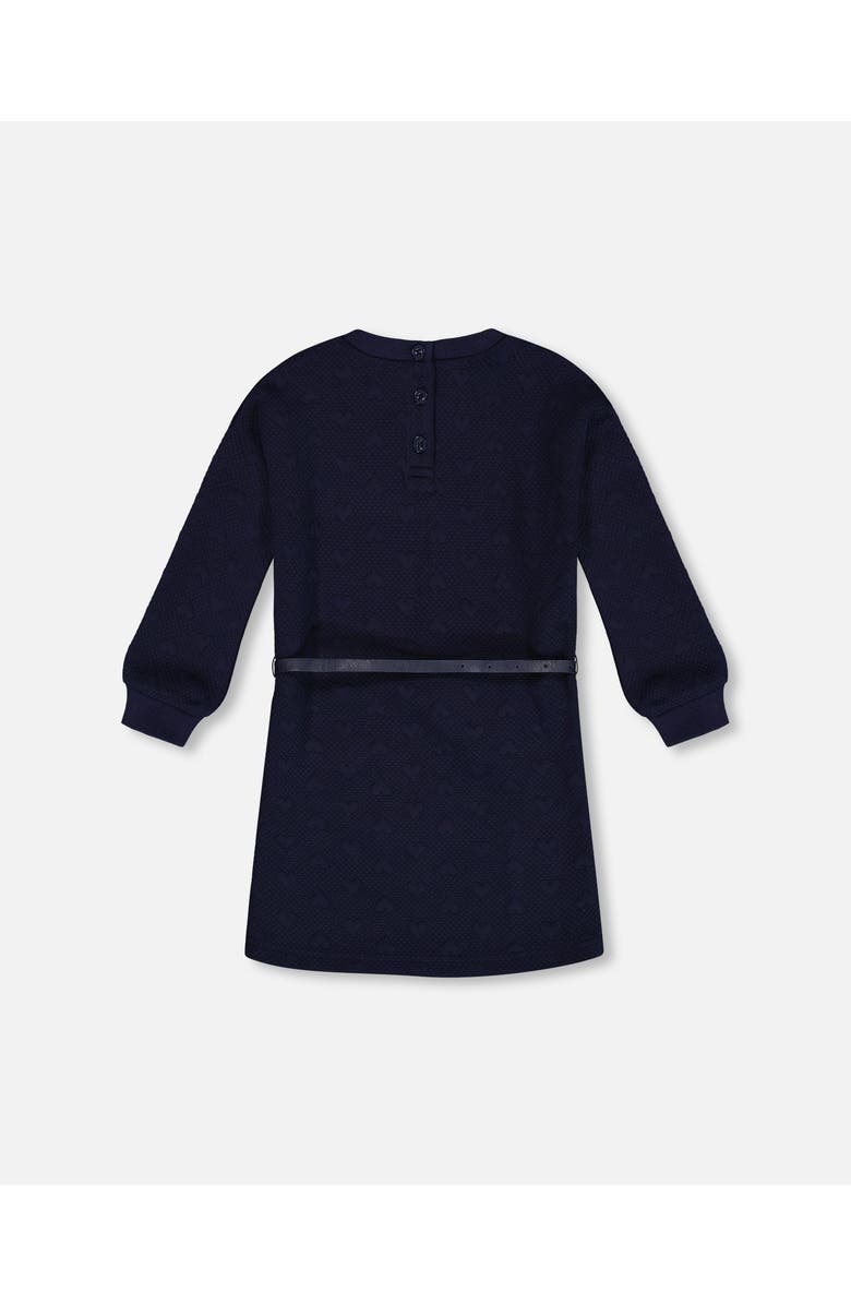 Deux par Deux Little Girl's Quilted Heart Fleece Dress With Belt Navy, Alternate, color, 