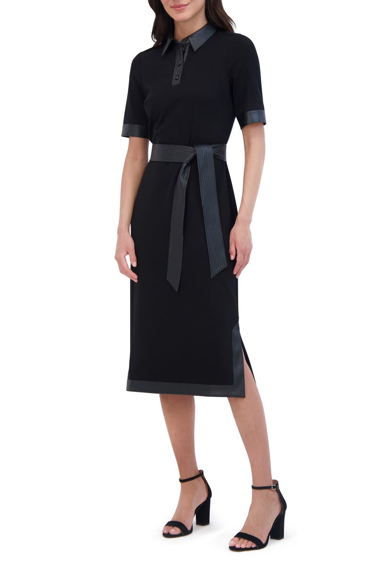 Faux Leather Trim Tie Waist Midi Dress, Alternate, color, BLACK