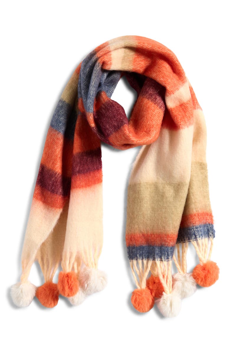Tasha Stripe Scarf with Faux Fur Pom Fringe, Alternate, color, Beige Multi