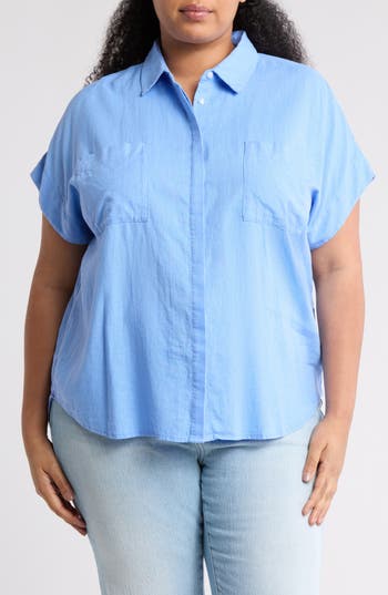 Shop Caslon ® Double Pocket Linen Blend Camp Shirt In Blue Cornflower