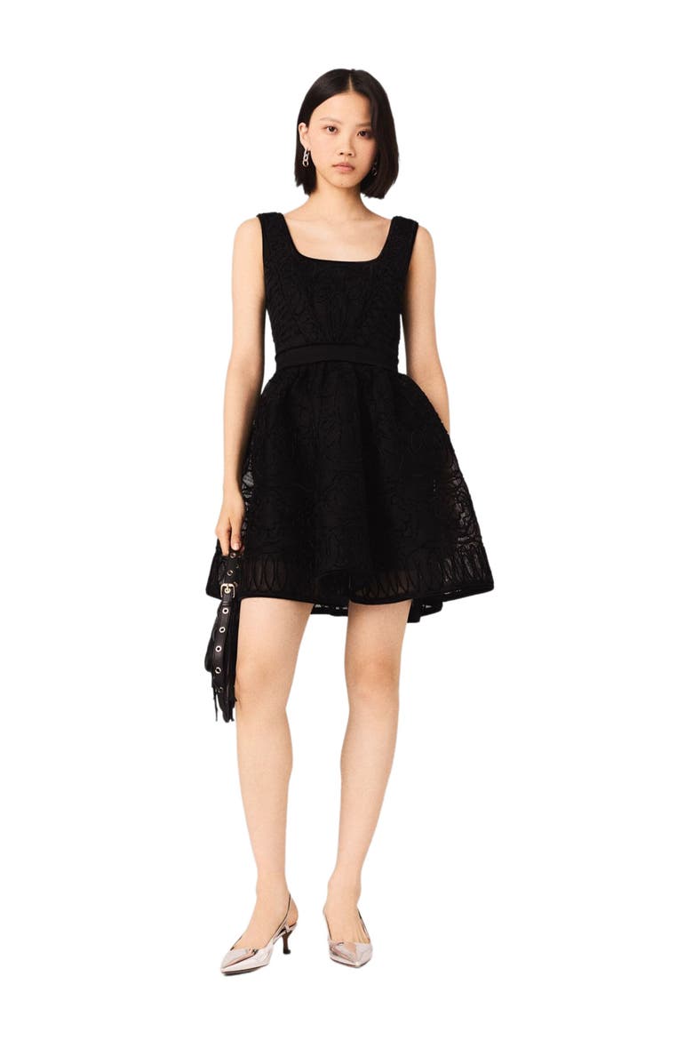 Short embroidered basket knit dress, Alternate, color, Black