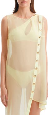 Moeva Adora Sheer Sleeveless Asymmetric Dress with Gold Button Detail