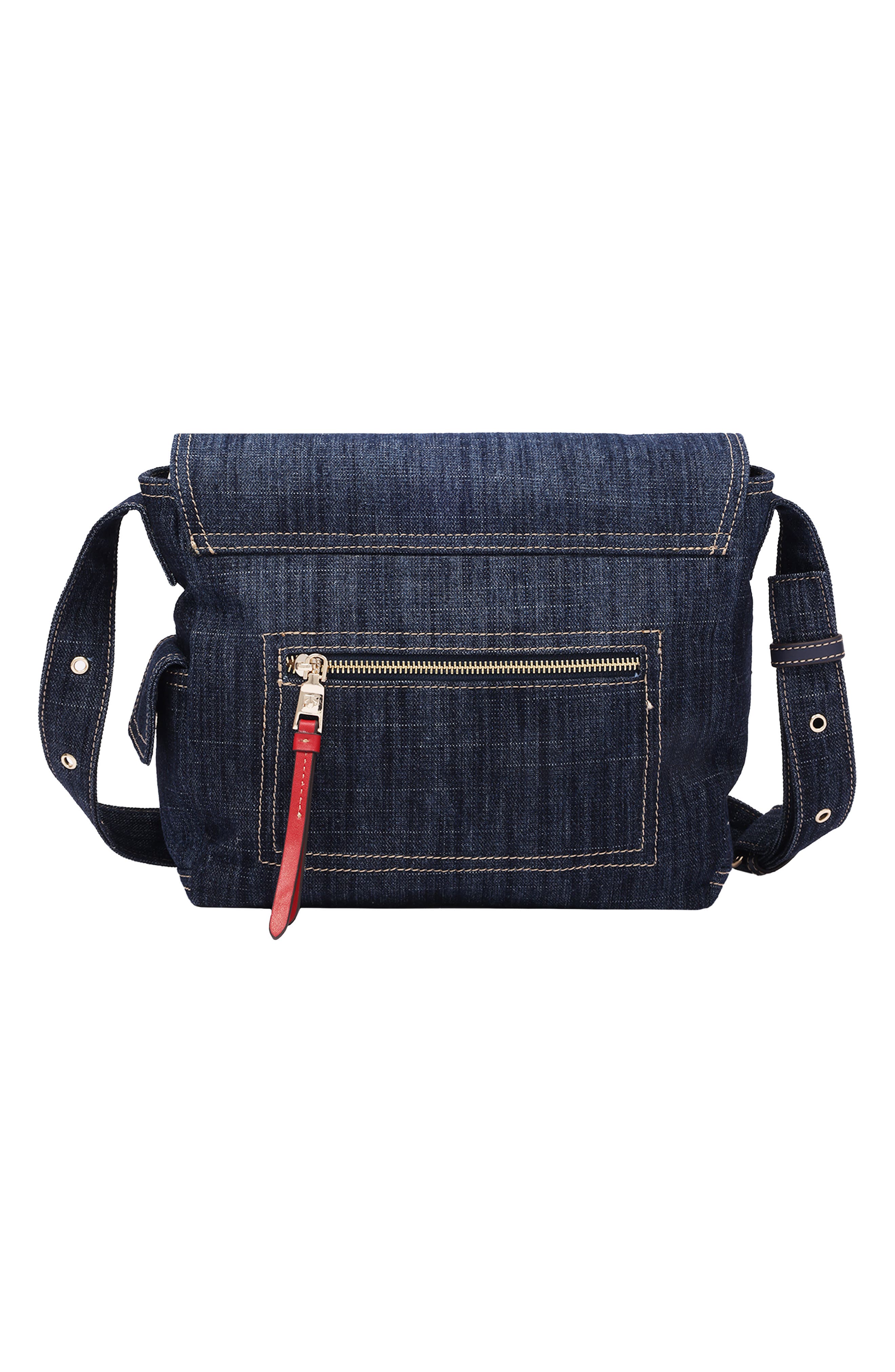 Varsity Logo Denim Messenger Bag, Alternate, color, DARK DENIM