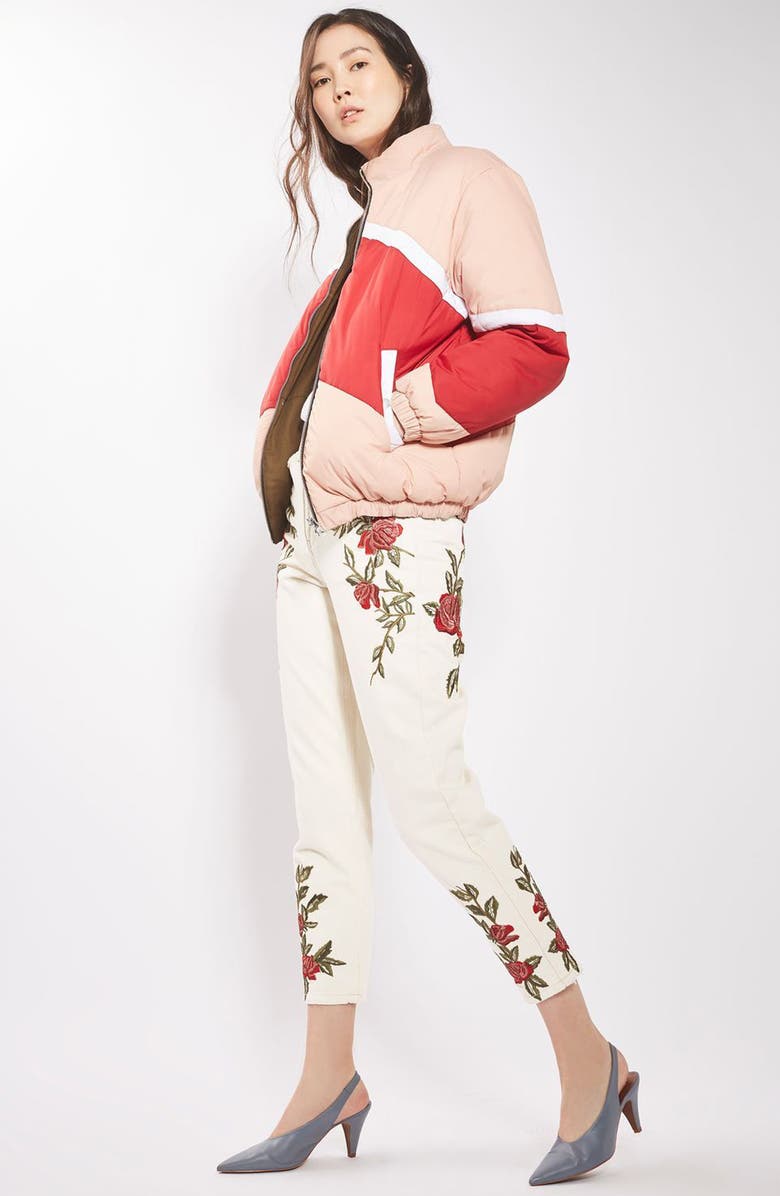 Topshop Rose Embroidered Mom Jeans, Alternate, color,