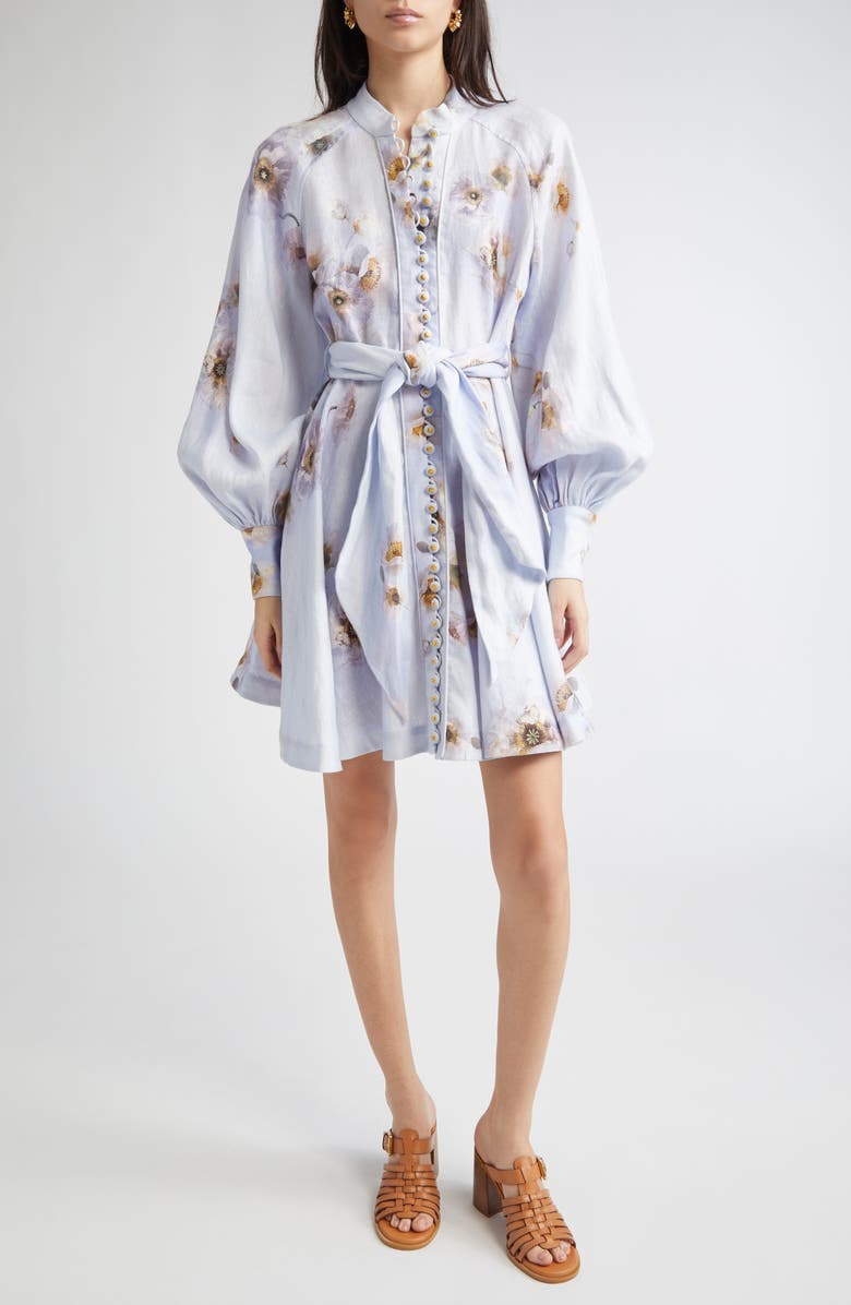 Zimmermann Hypnotic Long Sleeve Belted Linen Minidress, Main, color, Lilac Poppy