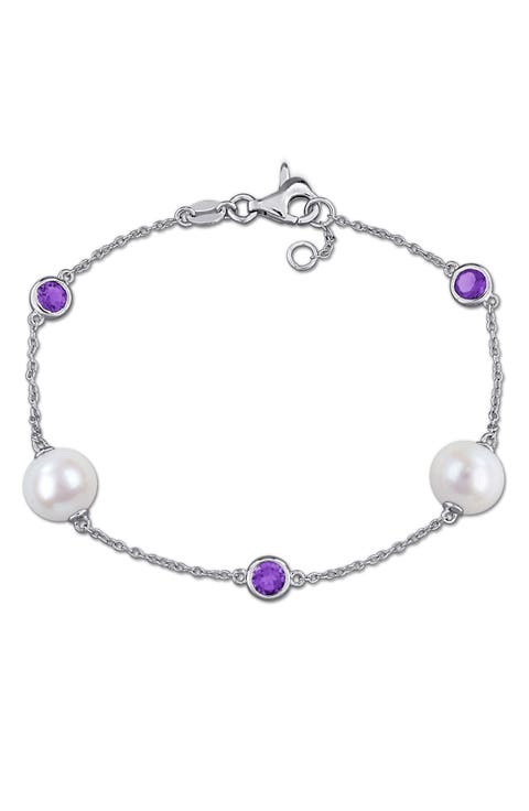 8.5-9mm Cultured Freshwater Pearl & Stone Station Bracelet