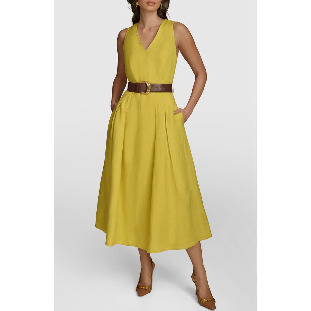 Donna Karan New York Belted Sleeveless Linen Blend Maxi Dress In Chartreuse