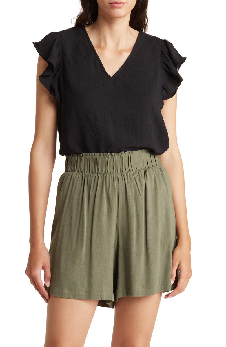 Adrianna Papell Flutter Sleeve Crinkled Satin Blouse, Main, color, Black