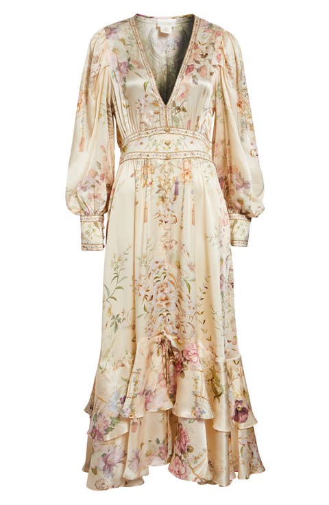 Beaded Print Long Sleeve Silk Dress