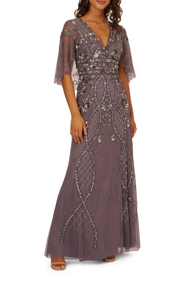 Adrianna Papell Bead Embellished Capelet Evening Gown, Main, color, 