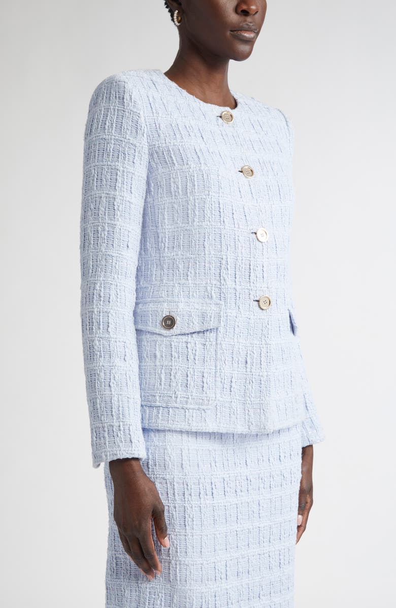 ST. JOHN Plaid Textured Cotton Blend Tweed Jacket, Alternate, color, Blue Lagoon