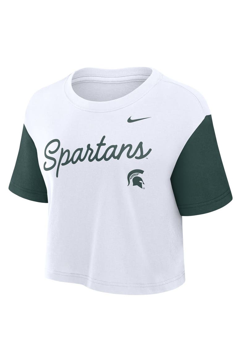 Women's Nike White/Green Michigan State Spartans Color-Block Script Performance Cropped T-Shirt, Alternate, color, White