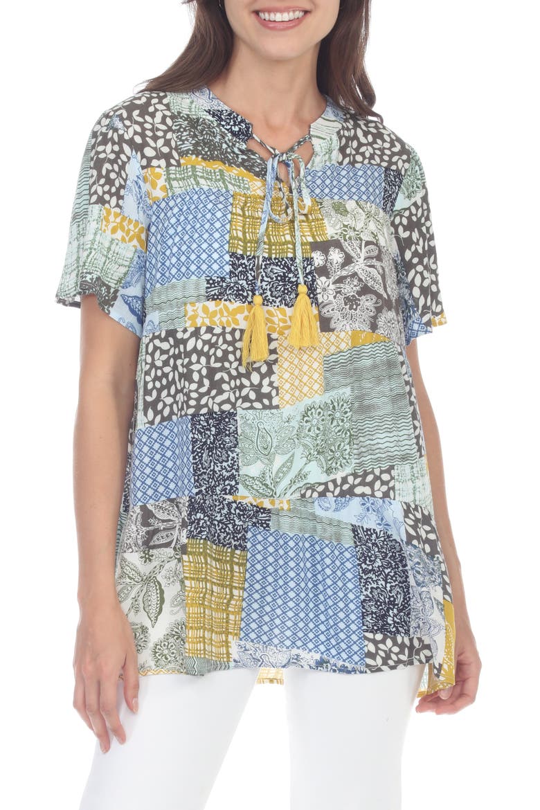 Short Sleeve Patchwork Top, Main, color, BLUE