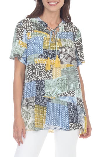 Rain And Rose Short Sleeve Patchwork Top In Blue