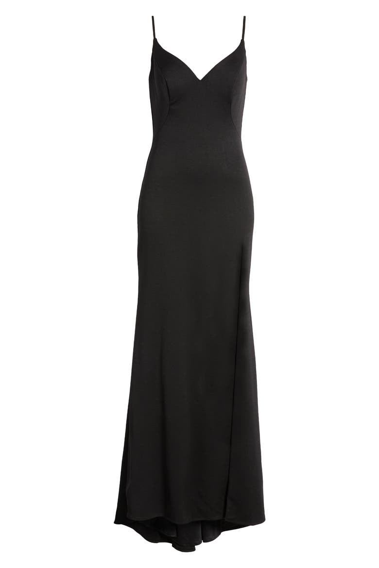 Simple Jersey Gown with V Neckline and Slit, Alternate, color, BLACK
