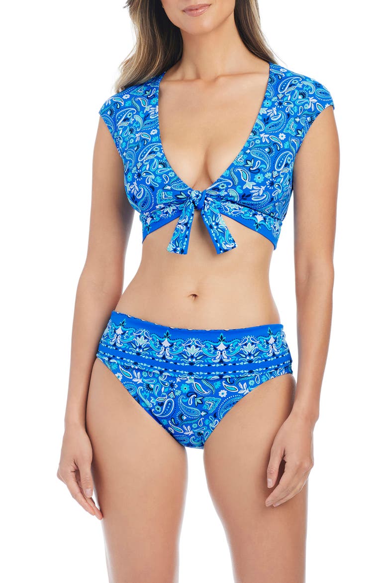 Tie Front Cap Sleeve Bikini Top, Alternate, color, BLEU DEPTHS