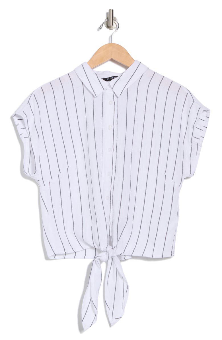 Ellen Tracy Tie Hem Button Front Top, Alternate, color, White/ Black Pinstripe