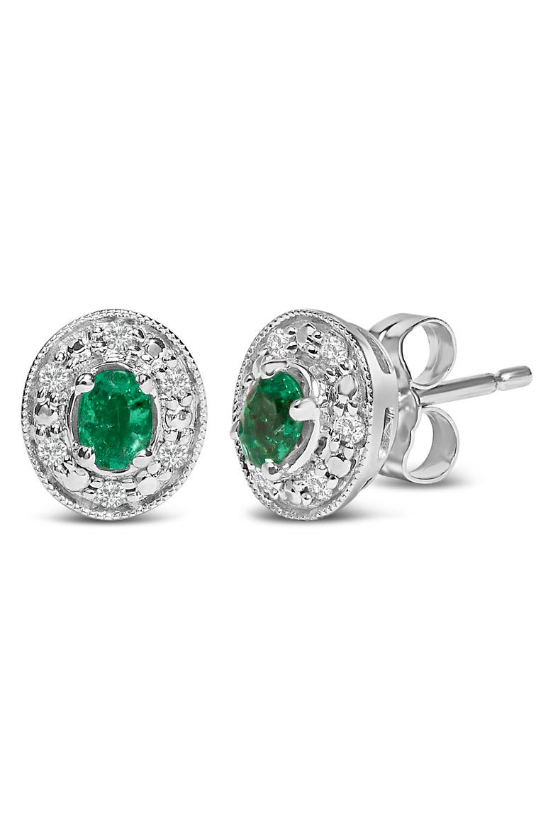 14K White Gold Oval Green Emerald and 1/10 Ct Diamond Halo Stud Earrings, Alternate, color, White