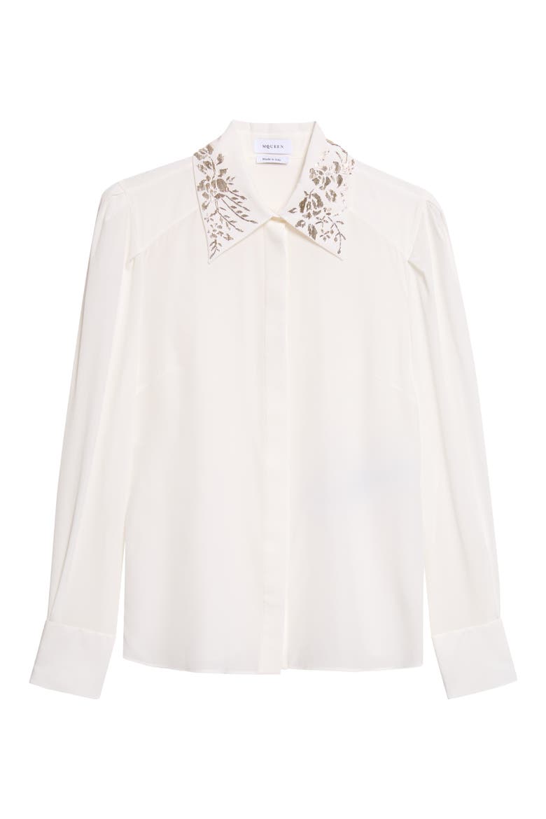 Beaded Collar Silk Button-Up Shirt, Alternate, color, LIGHT IVORY