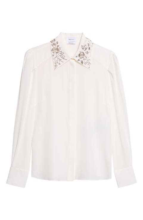Beaded Collar Silk Button-Up Shirt