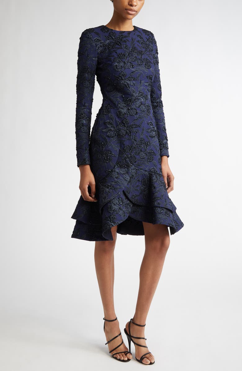 Oscar de la Renta Metallic Orchid Jacquard Long Sleeve Dress, Main, color, Midnight
