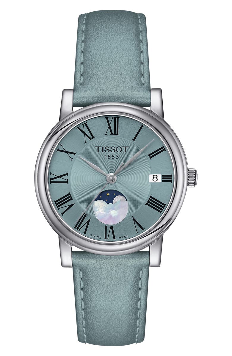 Tissot T-Classic Carson Premium Moonphase Leather Strap Watch, 32mm, Main, color,