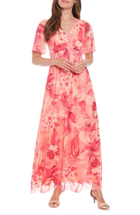 Floral Smocked Flutter Sleeve Mesh Maxi Dress