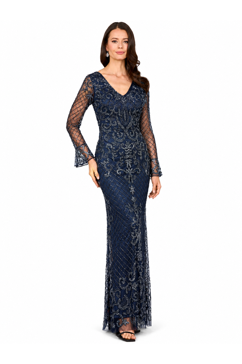 Beaded Long Sleeve V-Neck Gown, Main, color, Navy