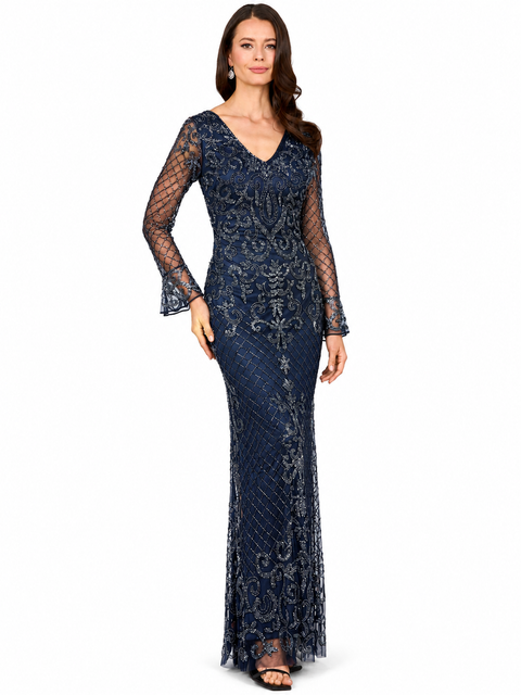 Beaded Long Sleeve V-Neck Gown