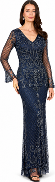 LARA New York Beaded Long Sleeve V-Neck Gown