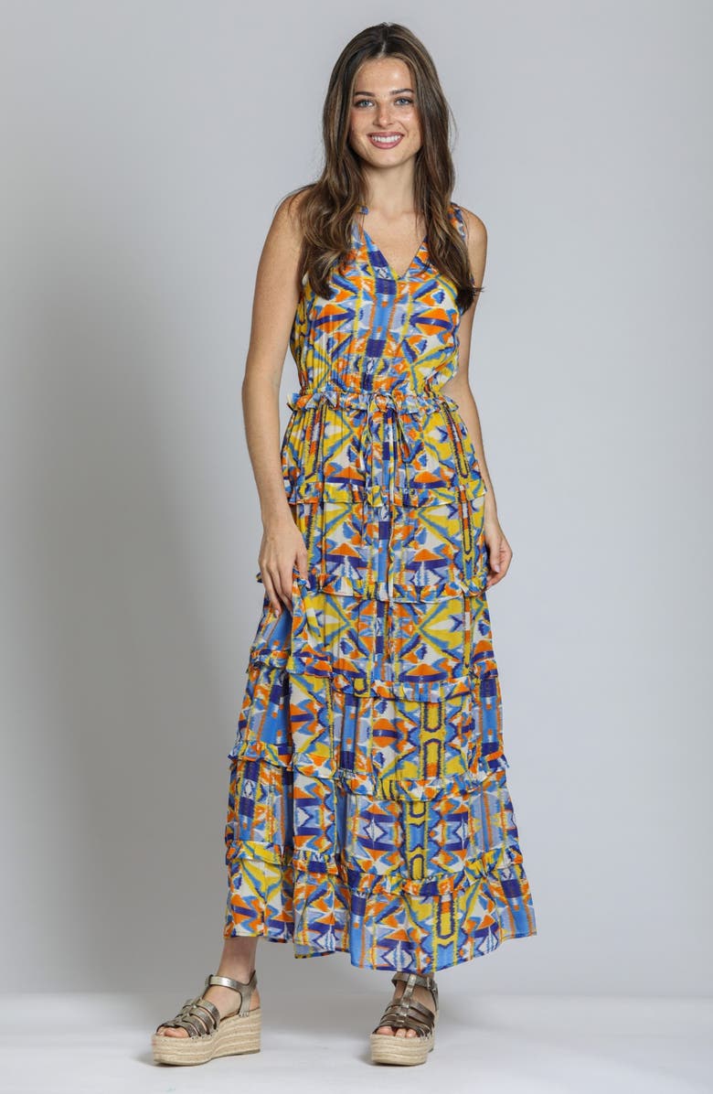 APNY Batik Print Sleeveless Tiered Maxi Dress, Alternate, color, Yellow Multi