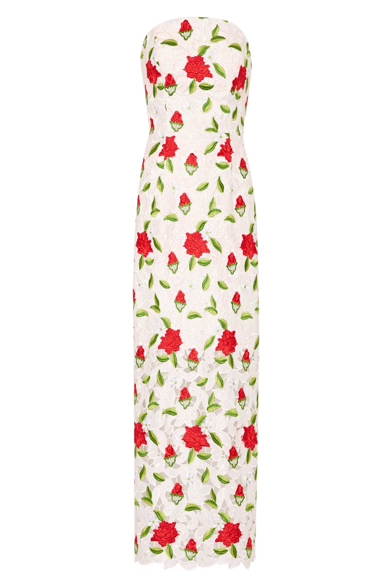 Kait Embroidered Strapless Midi Dress, Alternate, color, WHITE/ RED/ GREEN