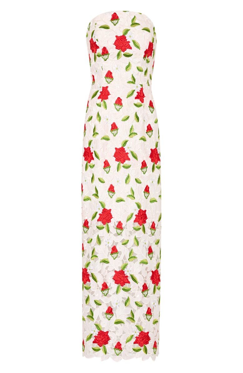 Milly Kait Embroidered Strapless Midi Dress, Alternate, color, White/ Red/ Green