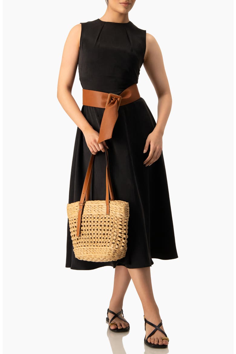 Sleeveless Tie-Waist A-Line Midi Fit-and-Flare Dress with Sash Belt, Alternate, color, Black
