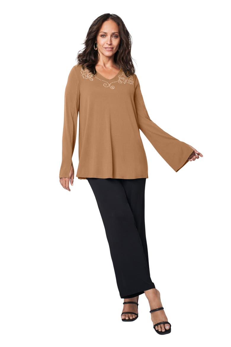 V Neck Embellished Tunic, Main, color, BROWN MAPLE FLORAL STUDS
