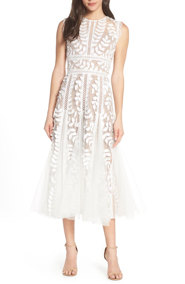 Bronx and Banco Saba Leaf Appliqué Lace Midi Dress, Main, color, 