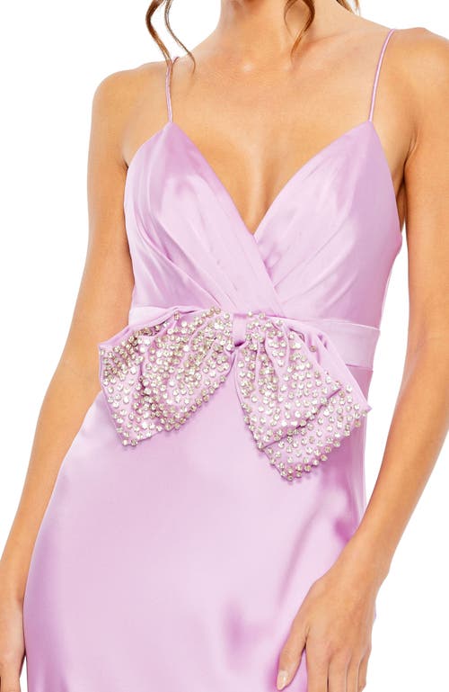 Mac Duggal Rhinestone Bow Cami Draped Trumpet Gown In Lilac