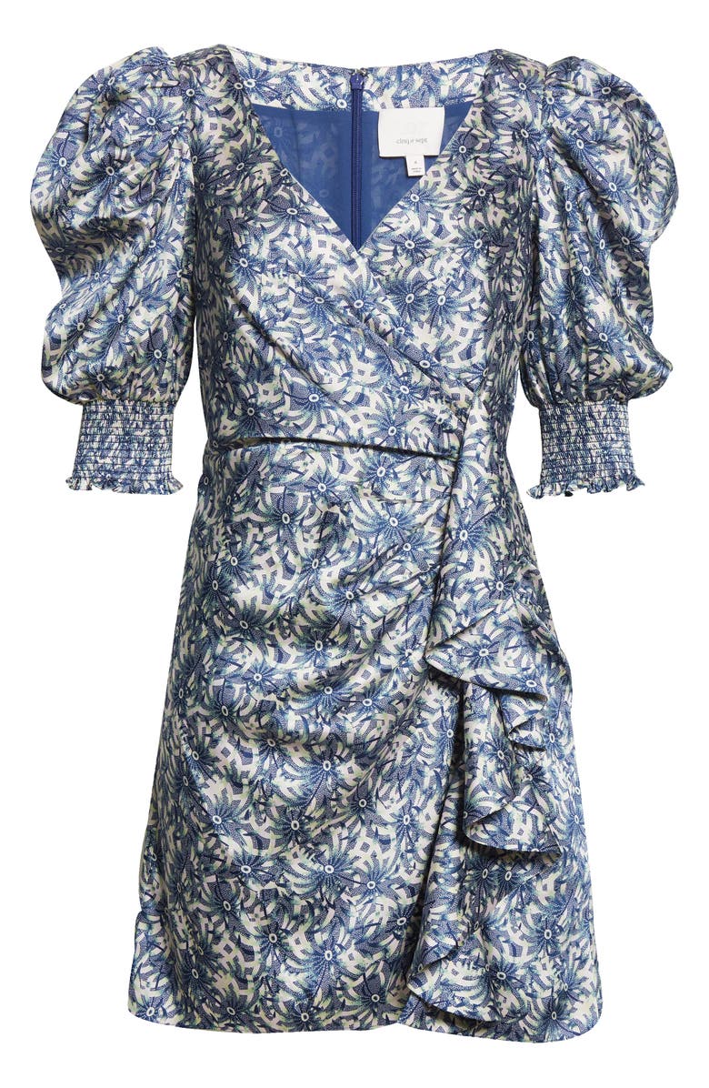 Cinq à Sept Lucinda Smocked Puff Sleeve Ruffle Faux Wrap Minidress, Alternate, color, Eclipse Multi