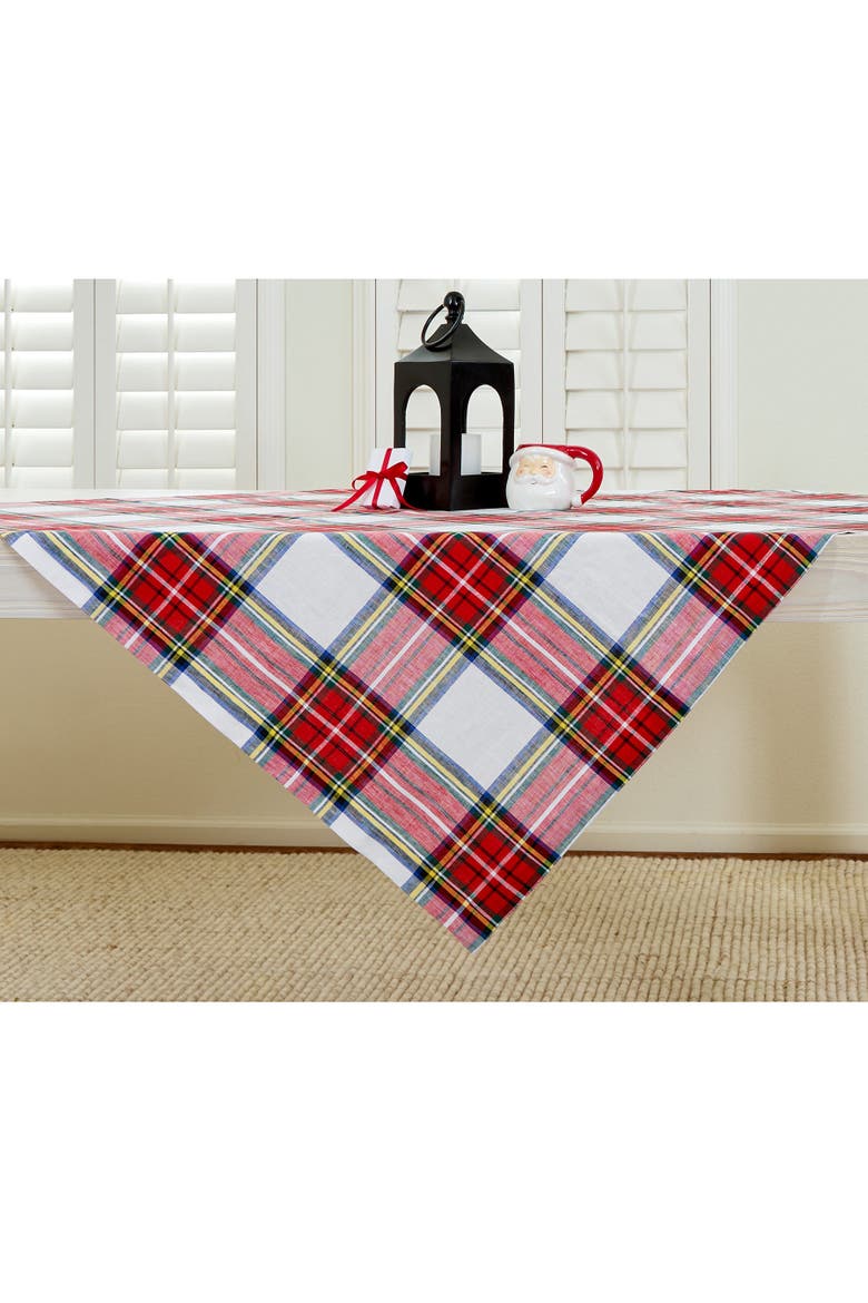 Linen Table Throw 52 x 52 Inch - Stewart Plaid, Main, color, White