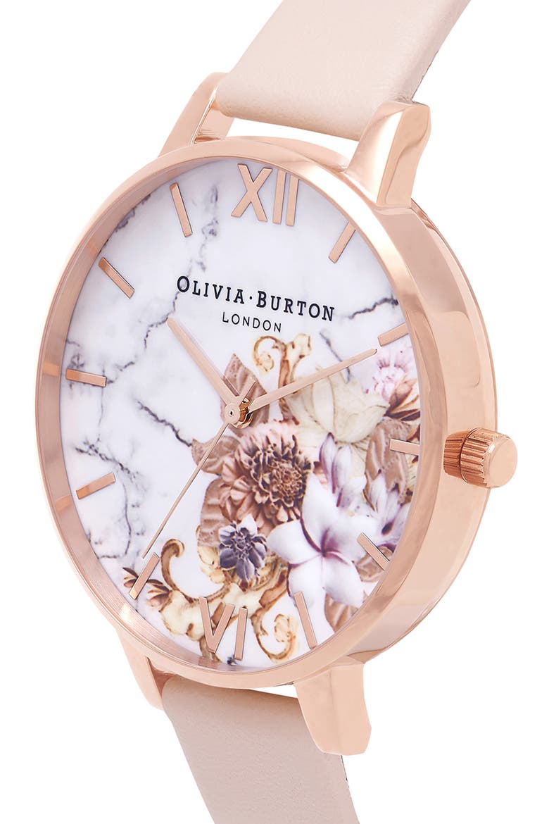 Marble Floral Leather Strap Watch, 38mm, Alternate, color, NUDE PEACH/ FLORAL/ ROSE GOLD