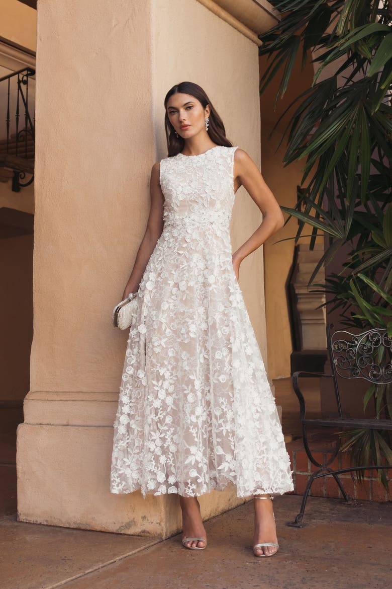 Floral Embroidered High Neck Midi Dress, Alternate, color, Ivory Nude