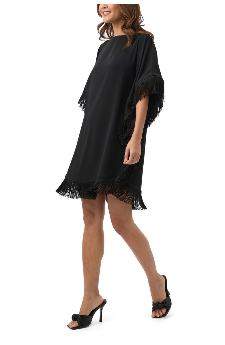 Trina Turk Mini Neena Fringe Trim Caftan Dress, Alternate, color, Black