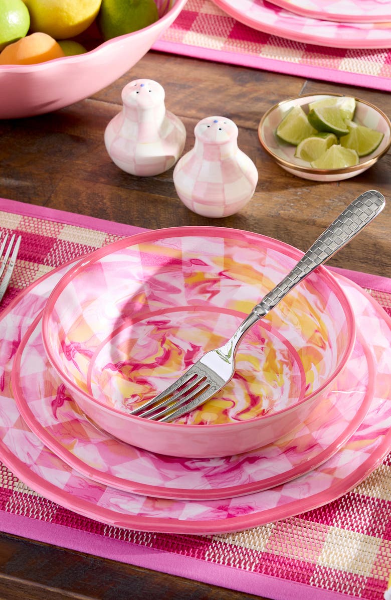 MACKENZIE CHILDS Set of 4 Pink Marble Check Melamine Salad Plates, Alternate, color, Pink