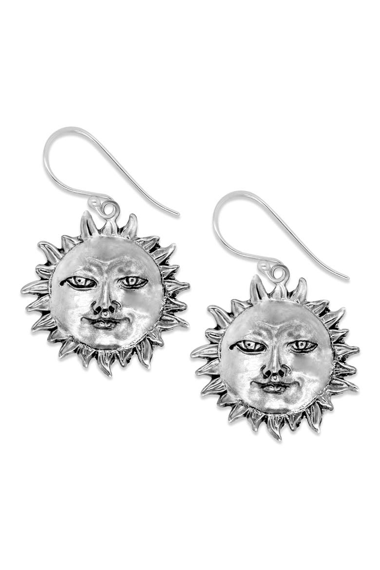 Sterling Silver Sun Face Drop Earrings, Main, color, SILVER