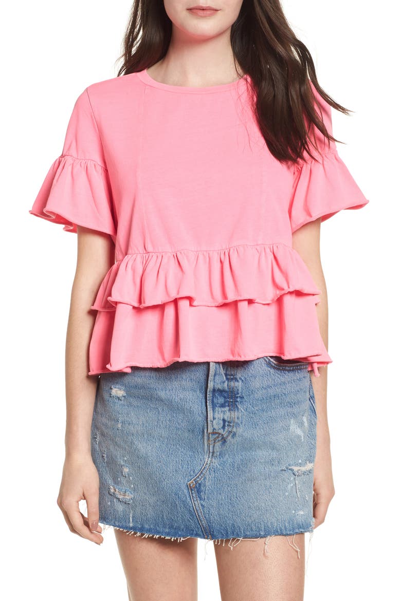 Double Peplum Ruffle Tee, Main, color, PINK ZENNA