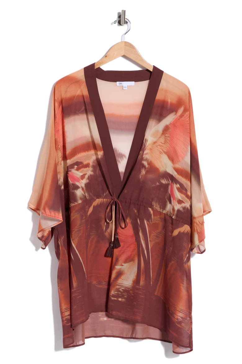 Drawstring Floral Open Front Wrap, Alternate, color, SUNSET
